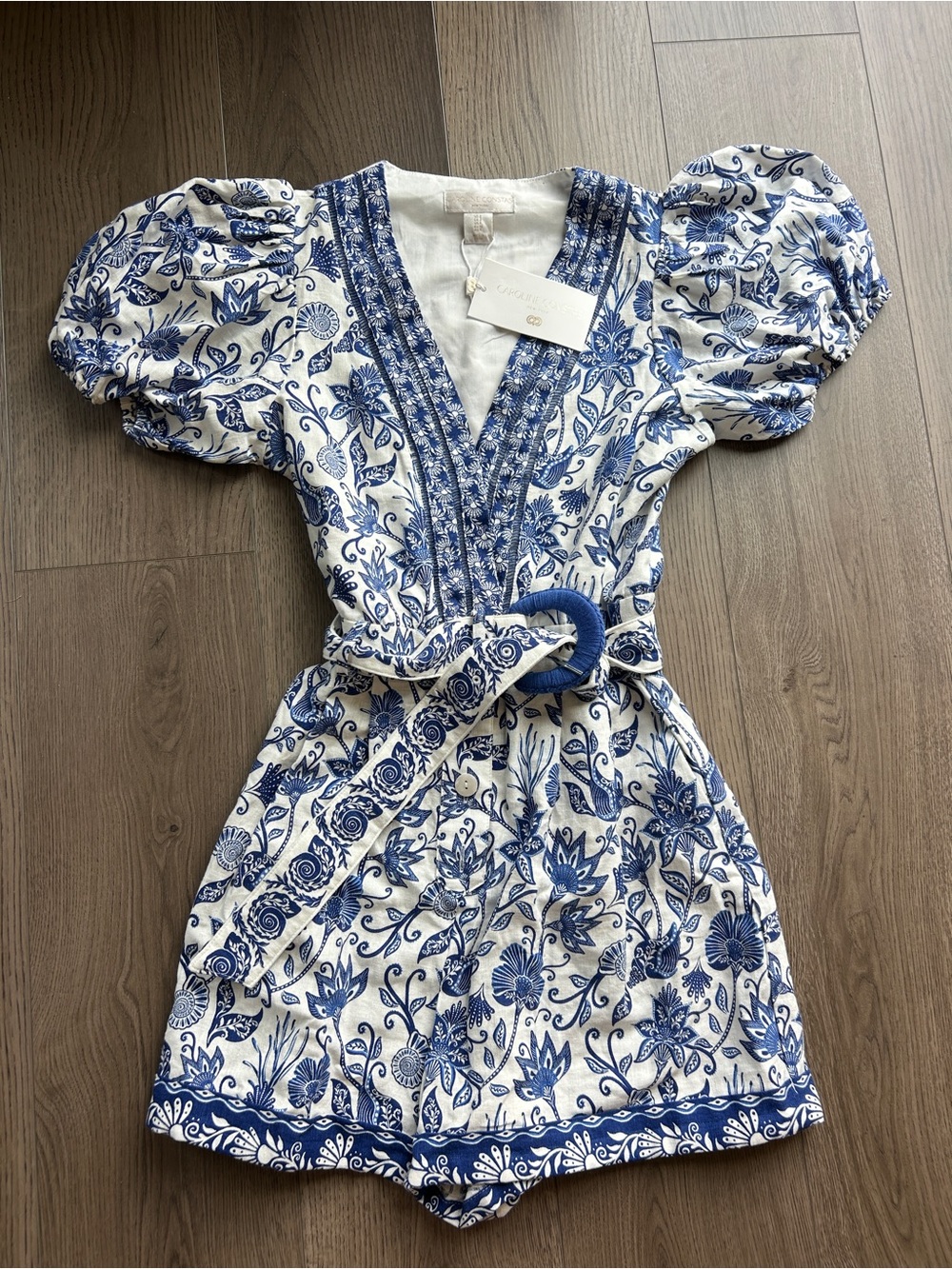 Tuckernuck Caroline Constas Romper Linen Blend Puff-Sleeve Belted Blue Floral 2